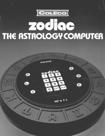 A 1970s advertisement for a round, brown, plastic astrology computer with a number pad and zodiac symbols on it. The title reads 